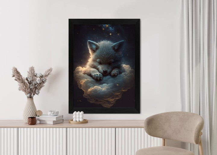 Plakat Uroczy Wilczek Zwierzę Śpiące Na Puszystych Chmurach