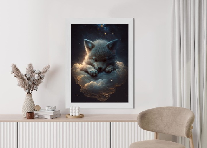 Plakat Uroczy Wilczek Zwierzę Śpiące Na Puszystych Chmurach