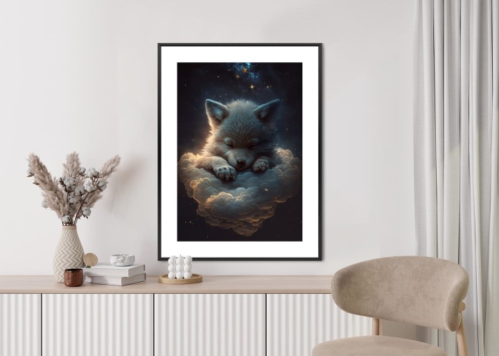Plakat Uroczy Wilczek Zwierzę Śpiące Na Puszystych Chmurach