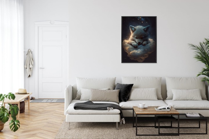 Plakat Uroczy Wilczek Zwierzę Śpiące Na Puszystych Chmurach