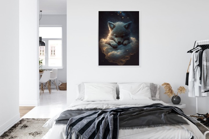 Plakat Uroczy Wilczek Zwierzę Śpiące Na Puszystych Chmurach