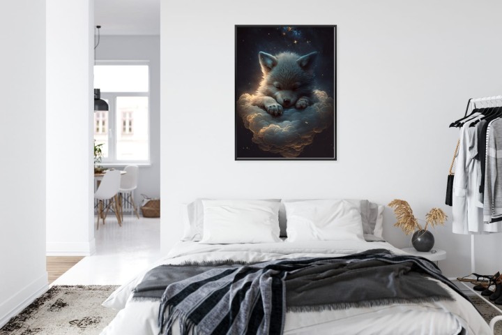 Plakat Uroczy Wilczek Zwierzę Śpiące Na Puszystych Chmurach