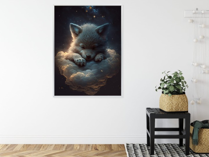 Plakat Uroczy Wilczek Zwierzę Śpiące Na Puszystych Chmurach
