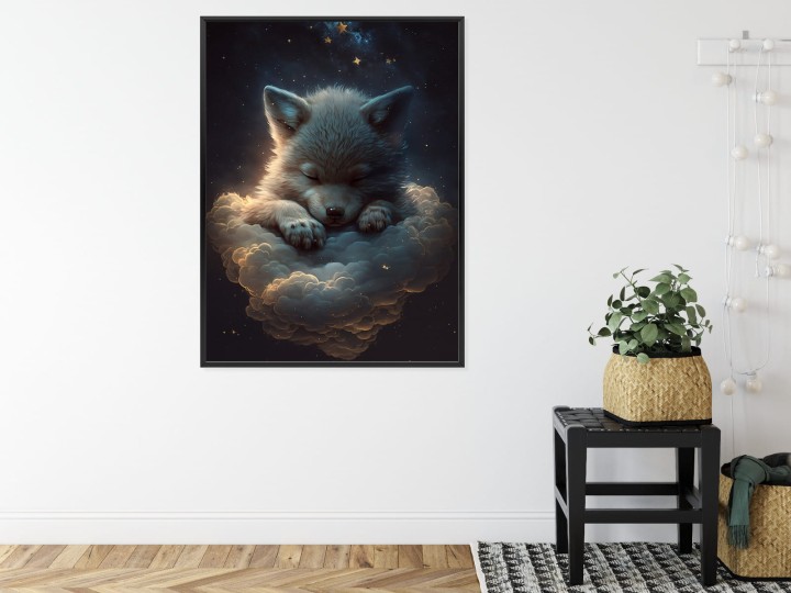 Plakat Uroczy Wilczek Zwierzę Śpiące Na Puszystych Chmurach