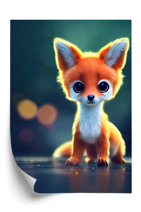 Plakat Tiny Cute Adorable Fox In An Autumn Oak Forest, Intricate Details. Cartoon Big Eyed Close Up Portrait. Soft Cinematic Lighting, Animation Style Character, Anime Style, 3D