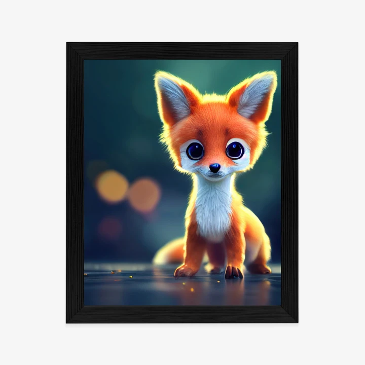 Plakat Tiny Cute Adorable Fox In An Autumn Oak Forest, Intricate Details. Cartoon Big Eyed Close Up Portrait. Soft Cinematic Lighting, Animation Style Character, Anime Style, 3D