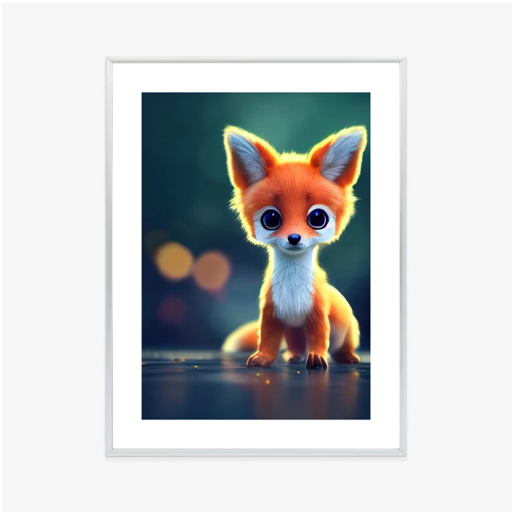 Plakat Tiny Cute Adorable Fox In An Autumn Oak Forest, Intricate Details. Cartoon Big Eyed Close Up Portrait. Soft Cinematic Lighting, Animation Style Character, Anime Style, 3D