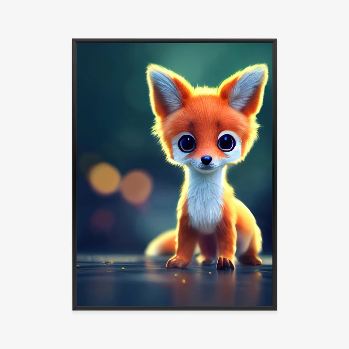 Plakat Tiny Cute Adorable Fox In An Autumn Oak Forest, Intricate Details. Cartoon Big Eyed Close Up Portrait. Soft Cinematic Lighting, Animation Style Character, Anime Style, 3D