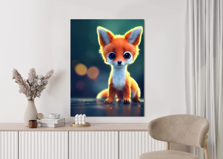 Plakat Tiny Cute Adorable Fox In An Autumn Oak Forest, Intricate Details. Cartoon Big Eyed Close Up Portrait. Soft Cinematic Lighting, Animation Style Character, Anime Style, 3D
