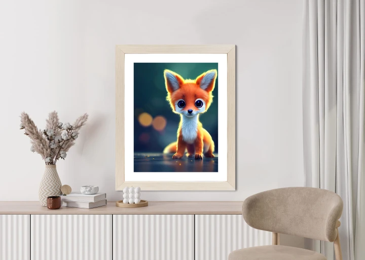 Plakat Tiny Cute Adorable Fox In An Autumn Oak Forest, Intricate Details. Cartoon Big Eyed Close Up Portrait. Soft Cinematic Lighting, Animation Style Character, Anime Style, 3D
