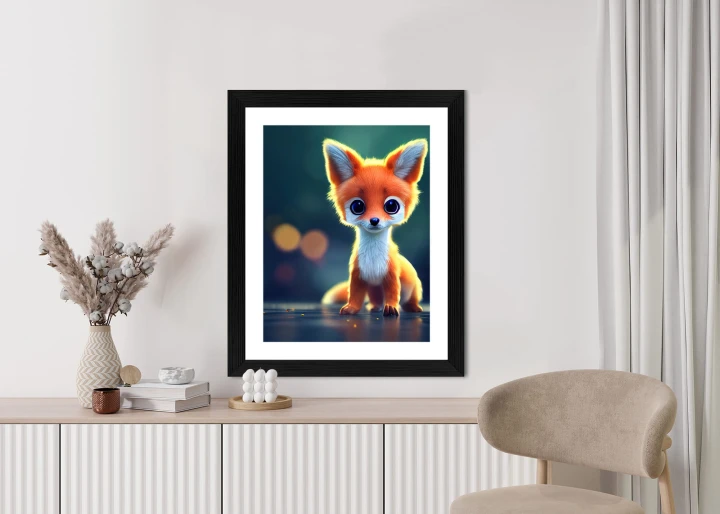 Plakat Tiny Cute Adorable Fox In An Autumn Oak Forest, Intricate Details. Cartoon Big Eyed Close Up Portrait. Soft Cinematic Lighting, Animation Style Character, Anime Style, 3D