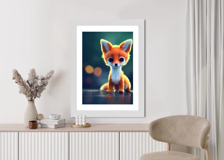 Plakat Tiny Cute Adorable Fox In An Autumn Oak Forest, Intricate Details. Cartoon Big Eyed Close Up Portrait. Soft Cinematic Lighting, Animation Style Character, Anime Style, 3D