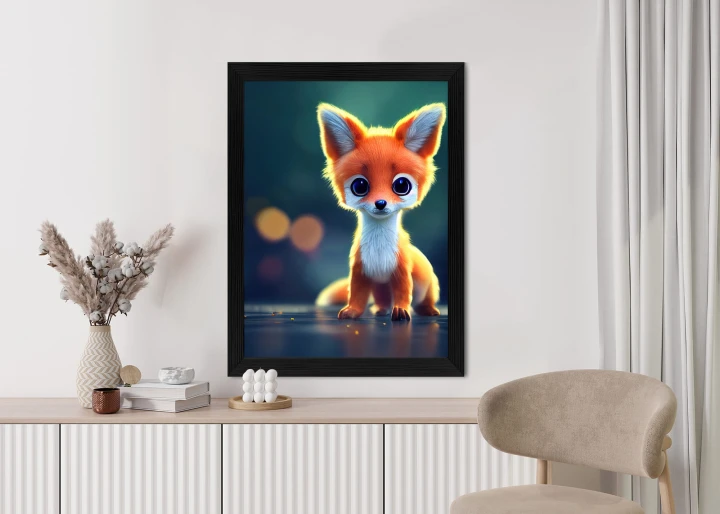 Plakat Tiny Cute Adorable Fox In An Autumn Oak Forest, Intricate Details. Cartoon Big Eyed Close Up Portrait. Soft Cinematic Lighting, Animation Style Character, Anime Style, 3D