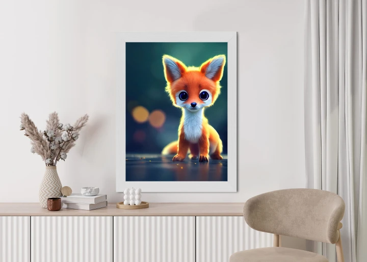Plakat Tiny Cute Adorable Fox In An Autumn Oak Forest, Intricate Details. Cartoon Big Eyed Close Up Portrait. Soft Cinematic Lighting, Animation Style Character, Anime Style, 3D