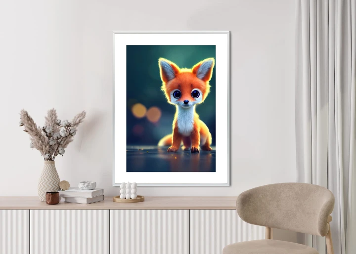 Plakat Tiny Cute Adorable Fox In An Autumn Oak Forest, Intricate Details. Cartoon Big Eyed Close Up Portrait. Soft Cinematic Lighting, Animation Style Character, Anime Style, 3D