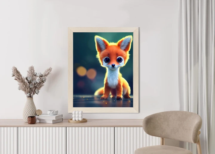 Plakat Tiny Cute Adorable Fox In An Autumn Oak Forest, Intricate Details. Cartoon Big Eyed Close Up Portrait. Soft Cinematic Lighting, Animation Style Character, Anime Style, 3D