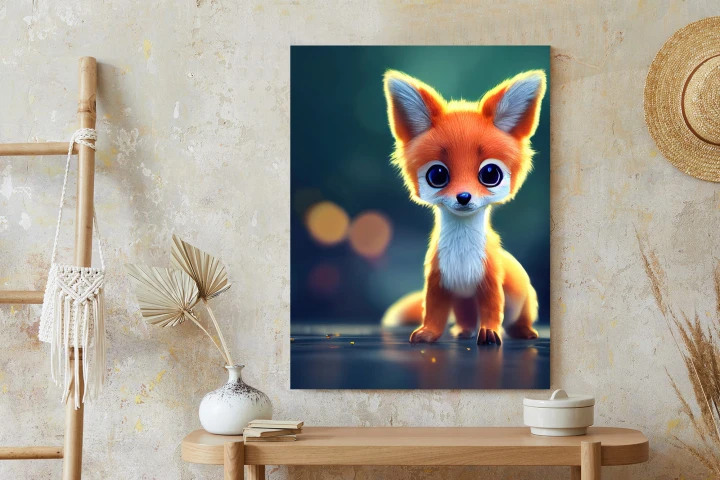 Plakat Tiny Cute Adorable Fox In An Autumn Oak Forest, Intricate Details. Cartoon Big Eyed Close Up Portrait. Soft Cinematic Lighting, Animation Style Character, Anime Style, 3D