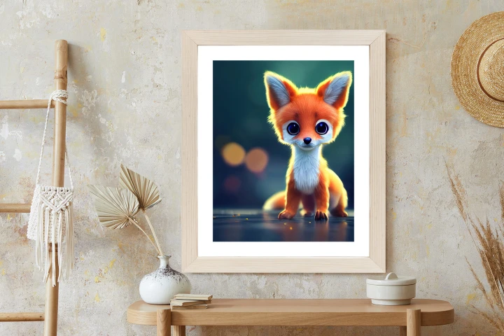 Plakat Tiny Cute Adorable Fox In An Autumn Oak Forest, Intricate Details. Cartoon Big Eyed Close Up Portrait. Soft Cinematic Lighting, Animation Style Character, Anime Style, 3D