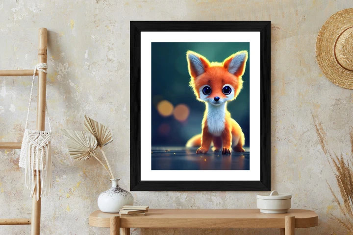 Plakat Tiny Cute Adorable Fox In An Autumn Oak Forest, Intricate Details. Cartoon Big Eyed Close Up Portrait. Soft Cinematic Lighting, Animation Style Character, Anime Style, 3D