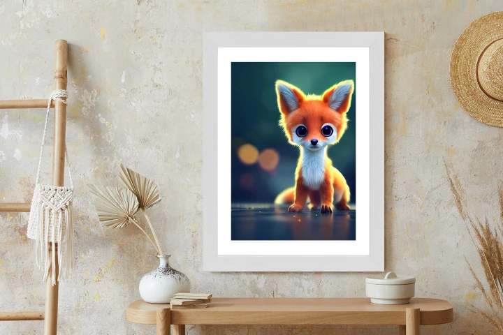 Plakat Tiny Cute Adorable Fox In An Autumn Oak Forest, Intricate Details. Cartoon Big Eyed Close Up Portrait. Soft Cinematic Lighting, Animation Style Character, Anime Style, 3D