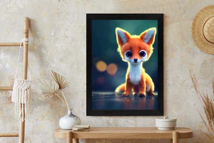 Plakat Tiny Cute Adorable Fox In An Autumn Oak Forest, Intricate Details. Cartoon Big Eyed Close Up Portrait. Soft Cinematic Lighting, Animation Style Character, Anime Style, 3D