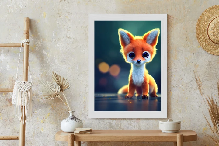 Plakat Tiny Cute Adorable Fox In An Autumn Oak Forest, Intricate Details. Cartoon Big Eyed Close Up Portrait. Soft Cinematic Lighting, Animation Style Character, Anime Style, 3D