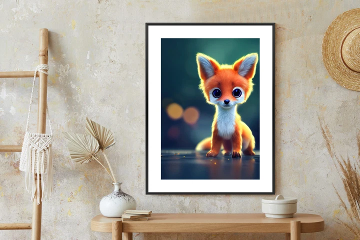 Plakat Tiny Cute Adorable Fox In An Autumn Oak Forest, Intricate Details. Cartoon Big Eyed Close Up Portrait. Soft Cinematic Lighting, Animation Style Character, Anime Style, 3D