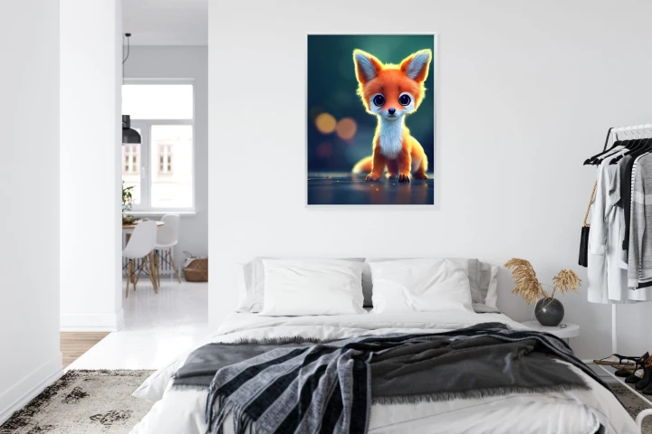 Plakat Tiny Cute Adorable Fox In An Autumn Oak Forest, Intricate Details. Cartoon Big Eyed Close Up Portrait. Soft Cinematic Lighting, Animation Style Character, Anime Style, 3D