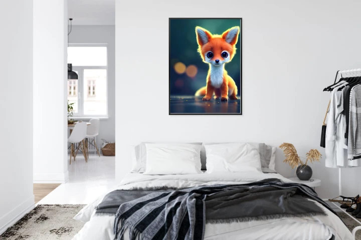 Plakat Tiny Cute Adorable Fox In An Autumn Oak Forest, Intricate Details. Cartoon Big Eyed Close Up Portrait. Soft Cinematic Lighting, Animation Style Character, Anime Style, 3D
