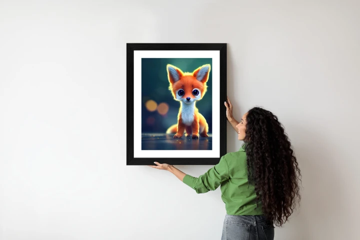 Plakat Tiny Cute Adorable Fox In An Autumn Oak Forest, Intricate Details. Cartoon Big Eyed Close Up Portrait. Soft Cinematic Lighting, Animation Style Character, Anime Style, 3D