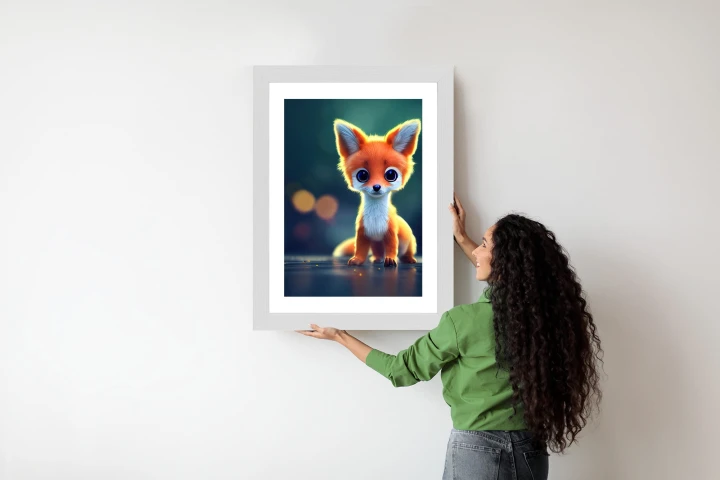Plakat Tiny Cute Adorable Fox In An Autumn Oak Forest, Intricate Details. Cartoon Big Eyed Close Up Portrait. Soft Cinematic Lighting, Animation Style Character, Anime Style, 3D