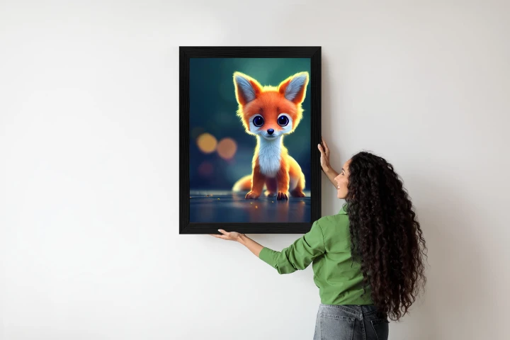 Plakat Tiny Cute Adorable Fox In An Autumn Oak Forest, Intricate Details. Cartoon Big Eyed Close Up Portrait. Soft Cinematic Lighting, Animation Style Character, Anime Style, 3D