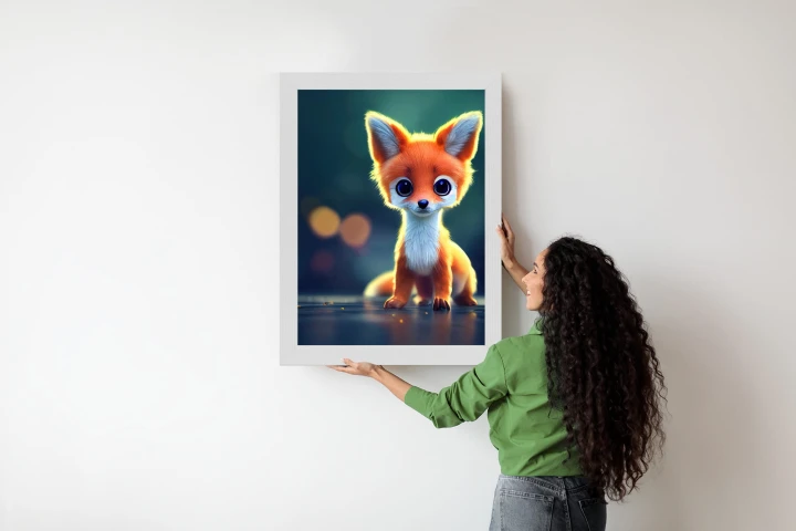 Plakat Tiny Cute Adorable Fox In An Autumn Oak Forest, Intricate Details. Cartoon Big Eyed Close Up Portrait. Soft Cinematic Lighting, Animation Style Character, Anime Style, 3D