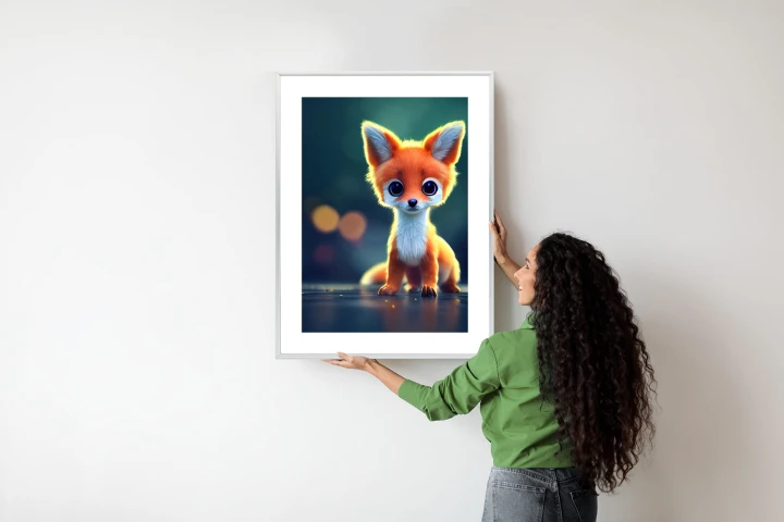 Plakat Tiny Cute Adorable Fox In An Autumn Oak Forest, Intricate Details. Cartoon Big Eyed Close Up Portrait. Soft Cinematic Lighting, Animation Style Character, Anime Style, 3D