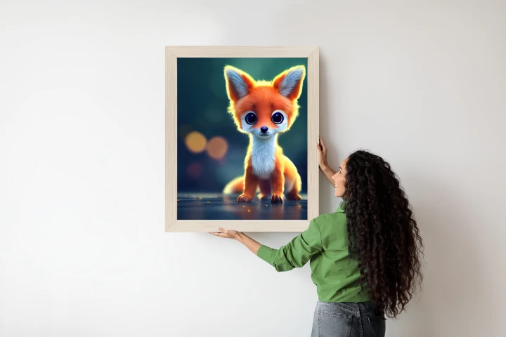 Plakat Tiny Cute Adorable Fox In An Autumn Oak Forest, Intricate Details. Cartoon Big Eyed Close Up Portrait. Soft Cinematic Lighting, Animation Style Character, Anime Style, 3D