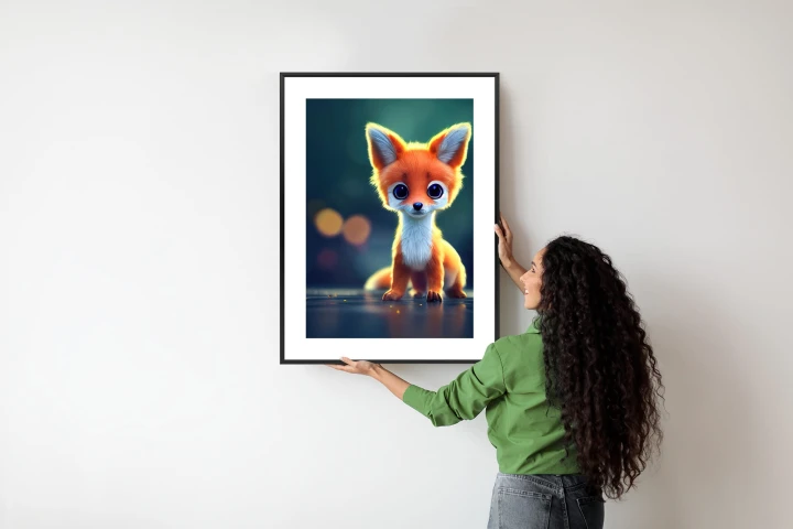 Plakat Tiny Cute Adorable Fox In An Autumn Oak Forest, Intricate Details. Cartoon Big Eyed Close Up Portrait. Soft Cinematic Lighting, Animation Style Character, Anime Style, 3D