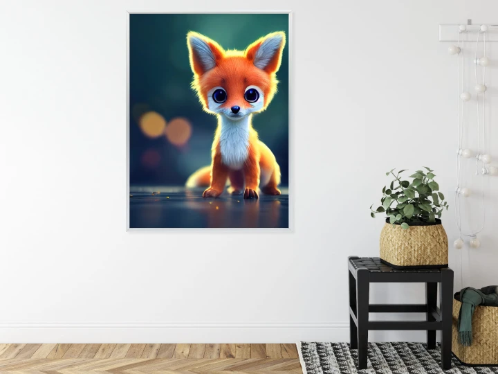 Plakat Tiny Cute Adorable Fox In An Autumn Oak Forest, Intricate Details. Cartoon Big Eyed Close Up Portrait. Soft Cinematic Lighting, Animation Style Character, Anime Style, 3D