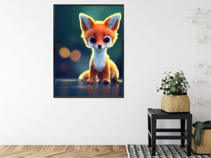Plakat Tiny Cute Adorable Fox In An Autumn Oak Forest, Intricate Details. Cartoon Big Eyed Close Up Portrait. Soft Cinematic Lighting, Animation Style Character, Anime Style, 3D