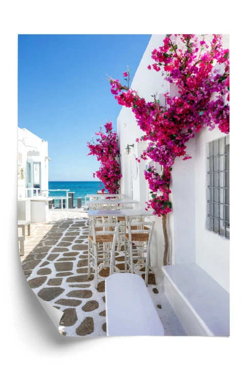 Plakat Grecka Architektura Z Różowymi Kwiatami I Widokiem Na Morze