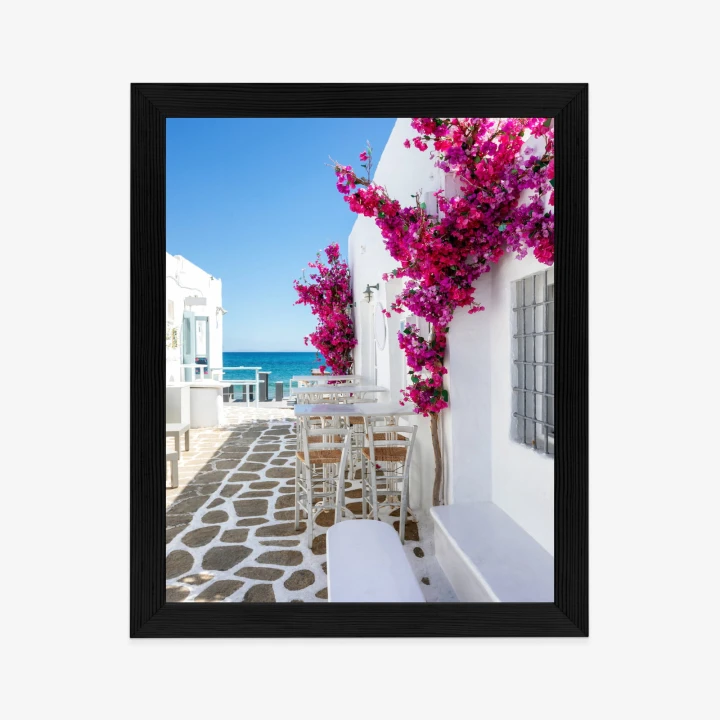 Plakat Grecka Architektura Z Różowymi Kwiatami I Widokiem Na Morze
